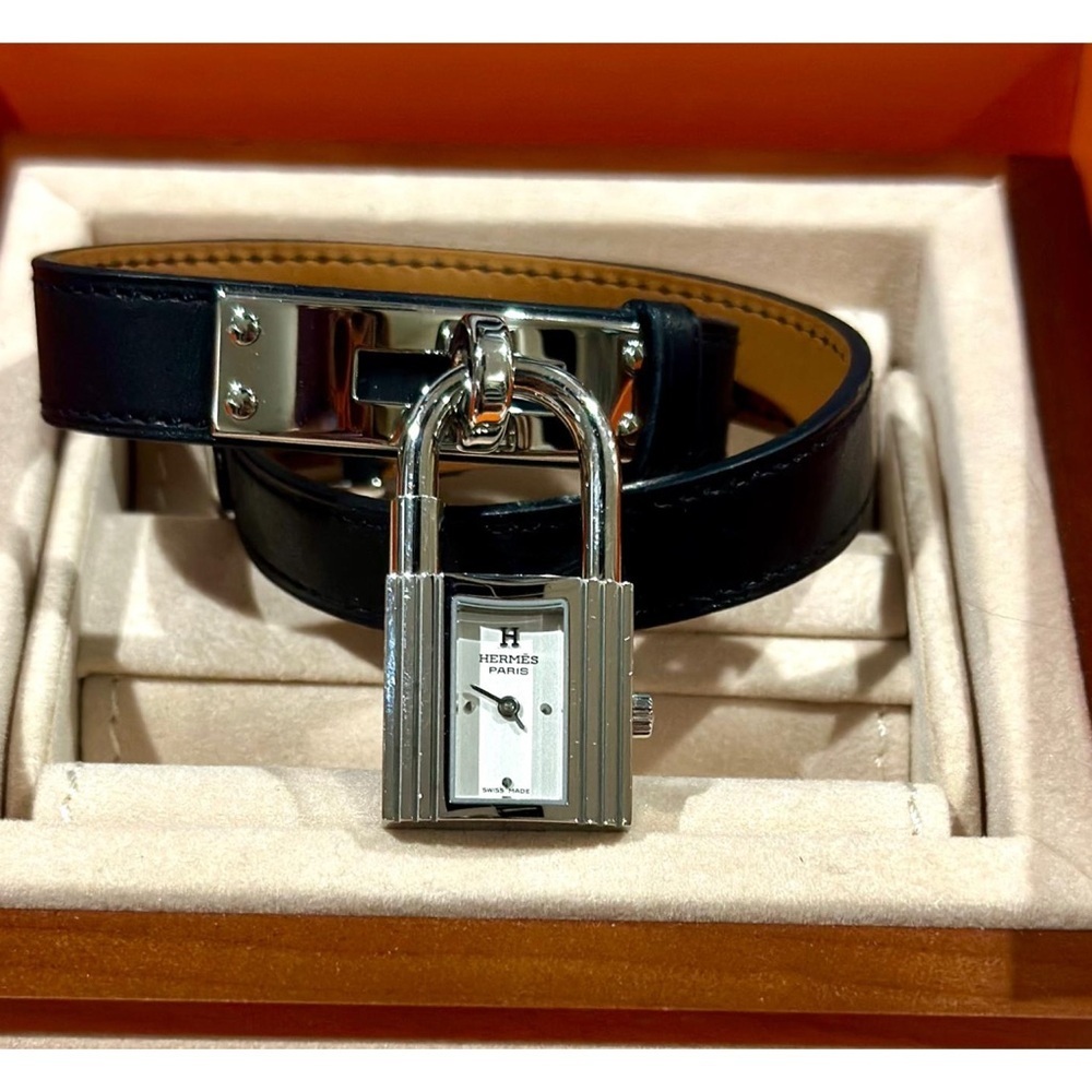 HERMÈS Kelly double tour PM 20 mm Hermès Black Leather Steel watch 3269061 NEW - Picture 3 of 17